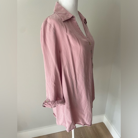 Soft Surroundings M Tencel Button Top Wrap‎ Tunic Diagonal Asymmetrical Pink Tab - Picture 3 of 11